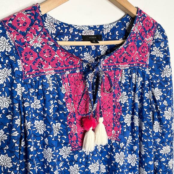 J. Crew Womens Embroidered Peasant Top XS Blue Pink V Neck Tasseled Cotton - Picture 5 of 11